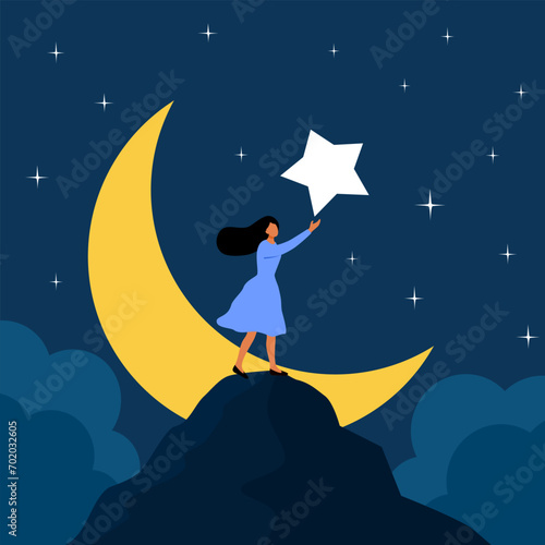Woman reaching the star. Success and aspiration. Starry night.