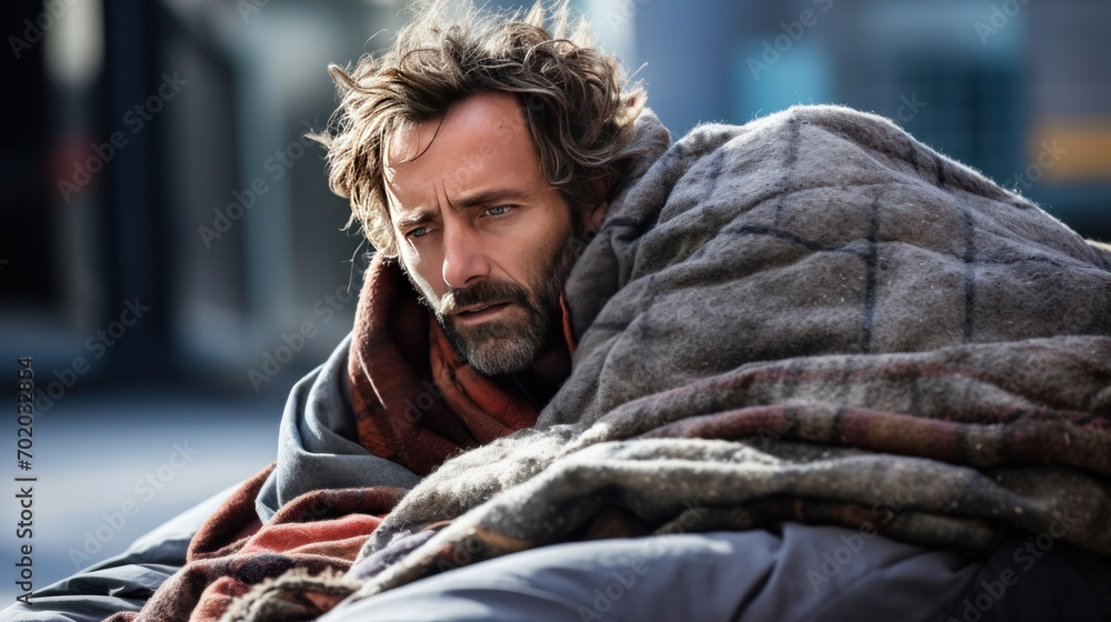 Obraz premium A homeless man covered with a blanket lies on the city street.