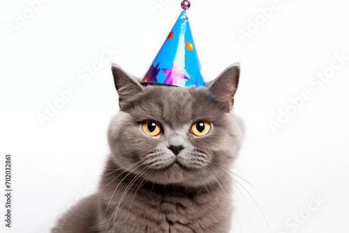 A cat wearing a birthday hat isolated on a white background, party animal concept