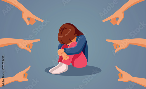 Sad Unhappy Child Victim Being Pointed at vector Illustration. Sorrowful little kid feeling abandonment and anxiety psychological trauma 
