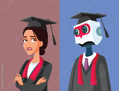Human Student Versus Robot Intelligence Vector Concept Illustration. Insecure girl graduating in a scary job market looking for a job
