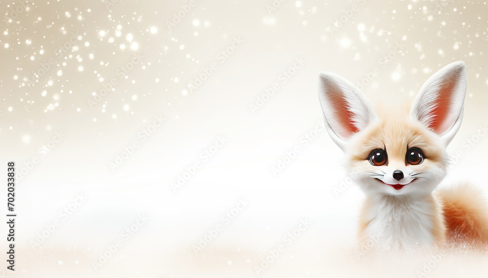 Obraz premium Christmas card with a cute fennec fox in the snow and snowing snowflakes. Funny winter background or wallpaper with copy space for text. Generative AI.