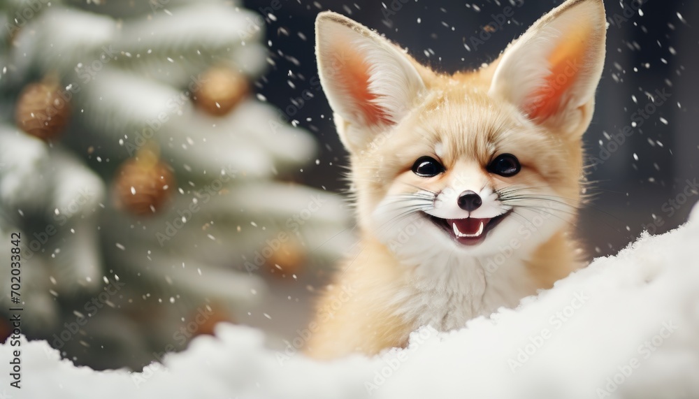 Happy red fox in a snowy forest with golden light. Christmas card with a cute fox under the snow and next to a Christmas tree.  Funny winter background or wallpaper. Generative AI.