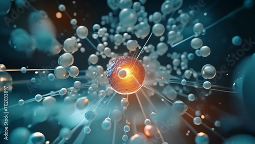 Closeup of an unstable atom emitting a beta particle and transforming into a different element, as it undergoes beta decay transformation.