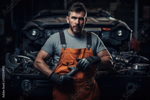 Portrait of a handsome male mechanic standing with crossed arms in a car repair shop, Car mechanic holding wrench for car repair, AI Generated