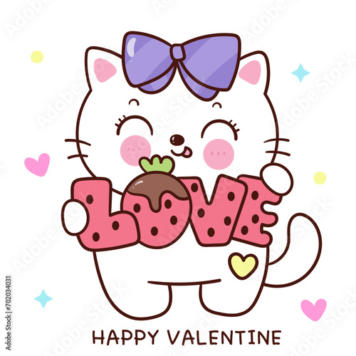 Valentine cat cute cartoon holding sweet love strawberry label (kitten playing). Series: love festival kawaii animals.