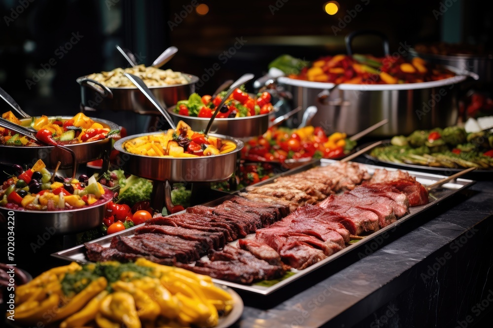 catering buffet food indoor in luxury restaurant with meat and vegetables, Catering buffet food, Delicious colorful meat and vegetable dishes, AI Generated