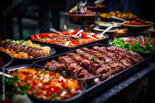 catering buffet food indoor in luxury restaurant with meat and vegetables  Catering buffet food  Delicious colorful meat and vegetable dishes  AI Generated