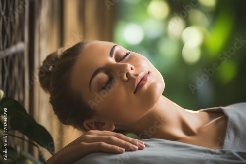 Portrait of a beautiful young woman lying in a spa salon, Caucasian woman customer enjoying relaxing anti-stress spa massage, AI Generated