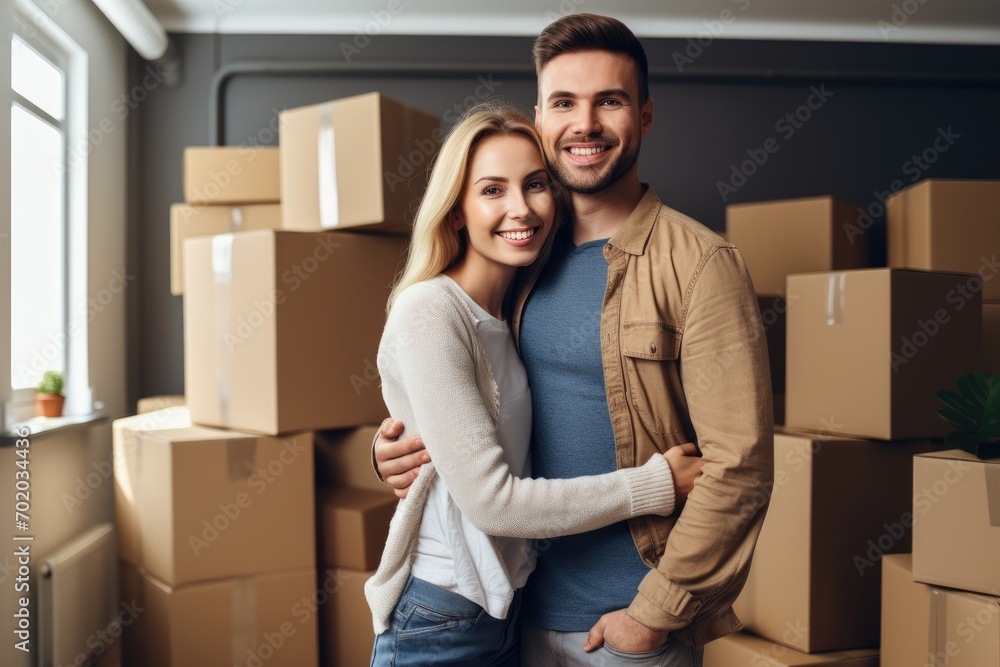Beautiful young couple is hugging and smiling while standing among cardboard boxes in new apartment, Cheerful couple standing at new home, AI Generated Beautiful young couple is hugging and smiling while standing among cardboard boxes in new apartment, Cheerful couple standing at new home, AI Generated