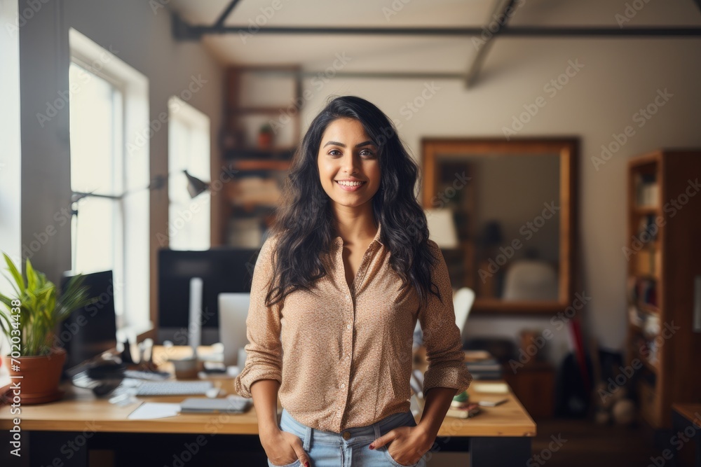smiling businesswoman with crossed arms looking at camera at workplace in office, Cheerful indian girl standing at home office looking at camera, AI Generated smiling businesswoman with crossed arms looking at camera at workplace in office, Cheerful indian girl standing at home office looking at camera, AI Generated
