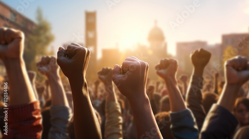 Group of angry protestors and demonstrators or unity of protesters and fighting for rights as hands of various people illustrated in 3D illustration style.