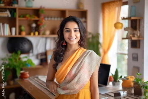 Portrait of a smiling businesswoman standing in an office and looking at camera, Cheerful indian girl standing at home office looking at camera, AI Generated