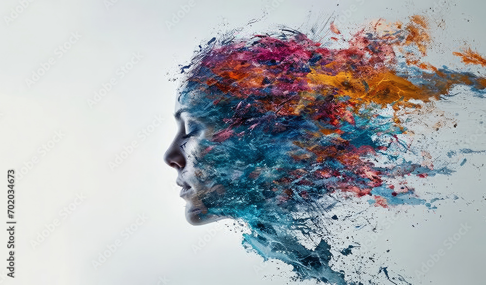 A person's face, submerged in colorful oils and adorned with paint splatters, forms a breathtaking digital art piece.