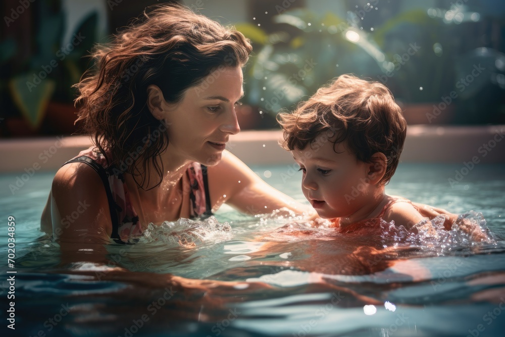 Happy mother and her son in swimming pool. They are looking at each other and smiling, child playing in the pool together with mother, AI Generated