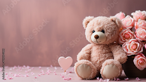 Pink Valentine's Day Teddy Bear with Flower Bouquet - on Textured Pastel Feminine Background with Vintage Aesthetic - Copy Space