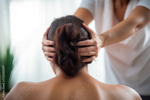 Close up of masseur massaging female back at spa salon, Chiropractor adjusting woman spine, AI Generated