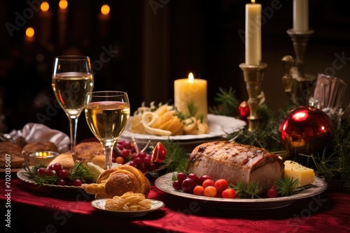 Christmas roast beef with caramelized apples and cranberries on a plate, Christmas meal, served on the table with decoration christmas, AI Generated