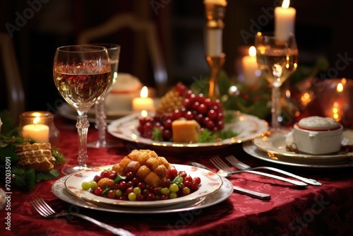 Festive table setting for Christmas or New Year dinner in the restaurant, Christmas meal, served on the table with decoration christmas, AI Generated