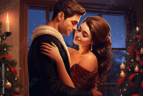 Beautiful young couple in love on the background of the Christmas tree, Christmas, portrait and happy couple in home, hug and bonding together, AI Generated