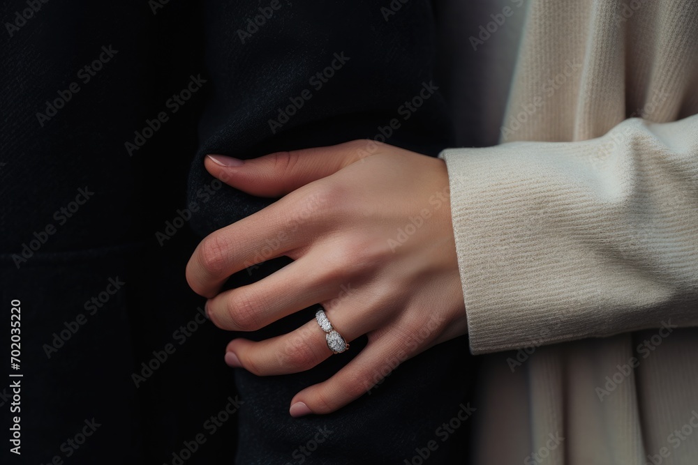 Wedding ring on the finger of the bride and groom, Close up of caucasian couple holding hands including engagement ring, AI Generated Wedding ring on the finger of the bride and groom, Close up of caucasian couple holding hands including engagement ring, AI Generated