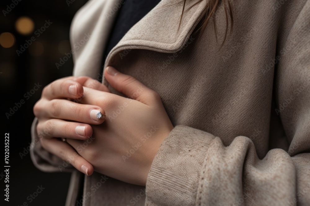 Young woman with stylish manicure on blurred background, closeup. Space for text, Close up of caucasian couple holding hands including engagement ring, AI Generated