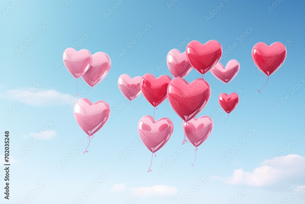 Pink heart shaped balloons on blue sky background. 3D Rendering, close up of heart sharp balloons flying in the air, levitation, AI Generated
