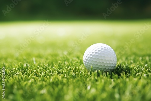 Golf ball on green grass ready to be shot, shallow depth of field, Close up golf ball on green grass field, AI Generated
