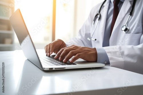 Close up of female doctor typing on laptop computer. Medical and healthcare concept, Close up of male doctor working and typing on laptop computer at doctor's office, AI Generated