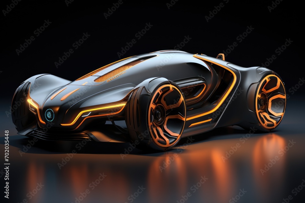 Naklejka premium 3D rendering of a brand-less generic concept car in studio environment, Car design using digital tablet, AI Generated