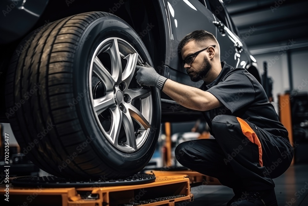 auto mechanic changing a wheel on a car in a car repair shop, Car mechanic working in garage and changing wheel alloy tire, AI Generated - obrazy, fototapety, plakaty 