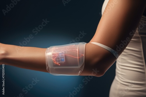 Close-up of female hand with pulse oximeter on blue background, Close-up of a woman attaching a continuous glucose monitor to her arm, AI Generated