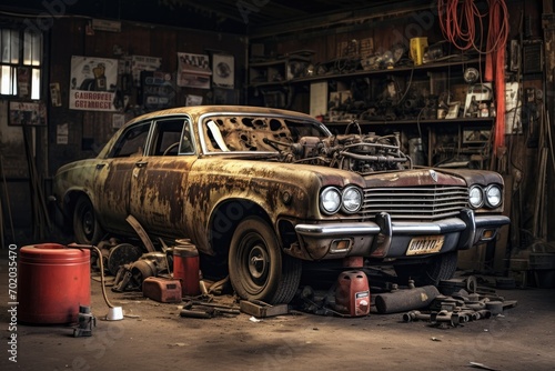 Abandoned car in the garage of a car repair shop, car in auto repair shop, AI Generated