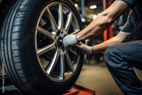 Side view of Caucasian male mechanic repairing car wheel in auto repair shop, Car mechanic working in garage and changing wheel alloy tire, AI Generated