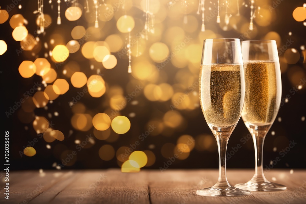Glasses of champagne on bokeh background. New Year celebration, Champagne for festive cheers with gold sparkling bokeh background, AI Generated Glasses of champagne on bokeh background. New Year celebration, Champagne for festive cheers with gold sparkling bokeh background, AI Generated
