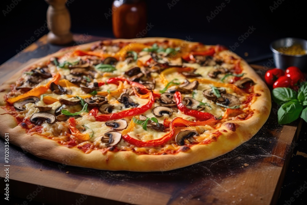 Pizza with mushrooms, peppers, olives and cheese on wooden background, Cheese pizza with toppings of bell peppers, olives, mushrooms and oregano, AI Generated