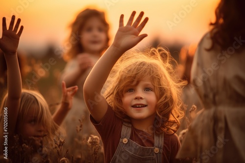 Unidentified children in Kiev, Ukraine. Kiev is the capital and the most populous city of Ukraine, children waving their hand goodbye, AI Generated photo