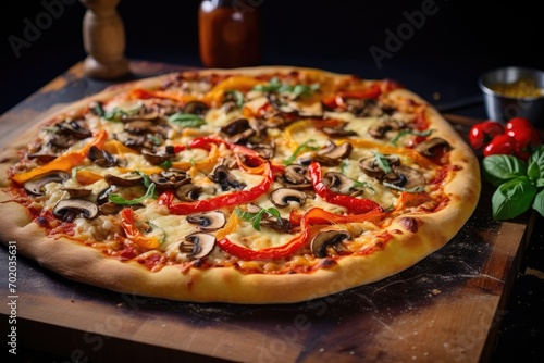 Pizza with mushrooms, peppers, olives and cheese on wooden background, Cheese pizza with toppings of bell peppers, olives, mushrooms and oregano, AI Generated