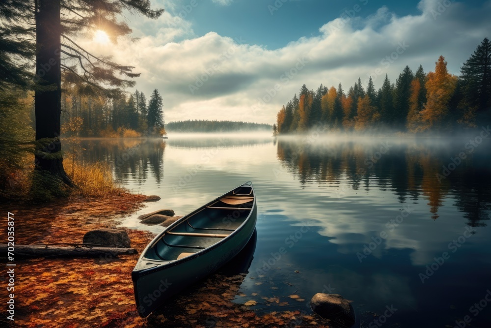 Canoe on a lake in the morning mist. Beautiful landscape, Canoe on a serene lake, AI Generated