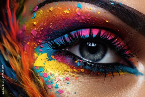 Close-up of beautiful woman's eye with multicolor makeup, Close-up of a beautiful woman's eye with multicolored makeup, AI Generated