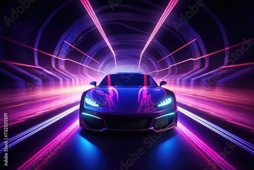 Modern car on the road with motion blur background. 3d rendering, Car in a tunnel with neon lighting, front view, AI Generated