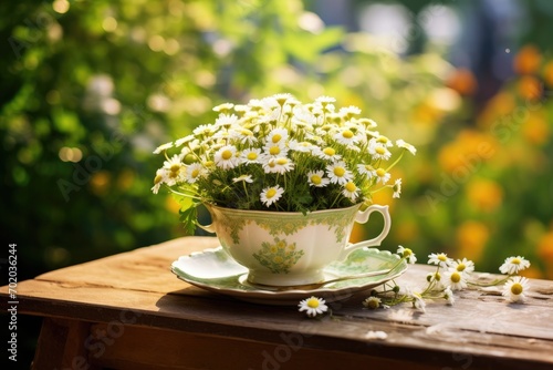 Tableau sur toile Bouquet of chamomile flowers in a cup on a wooden table, Chamomile Flowers In Te