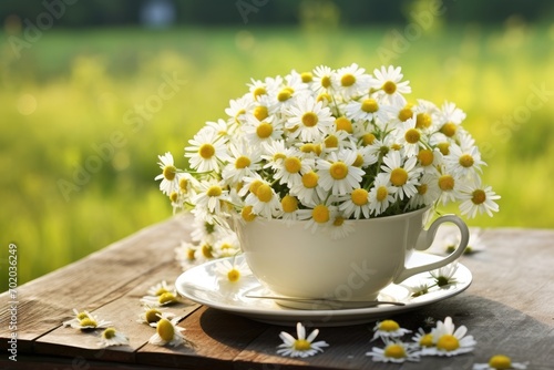 Beautiful chamomile flowers in cup on wooden table outdoors, Chamomile Flowers In Teacup On Wooden Table In Garden, AI Generated