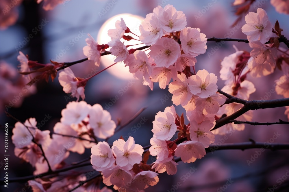 Obraz premium Beautiful cherry blossom in the garden at sunset, Thailand, Close-up of a cherry blossom tree under the soft light of a full moon, AI Generated