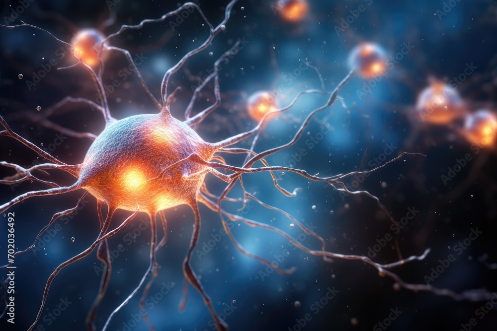 3D illustration of a neuron cell with neurons and nervous system, close up of human brain showing neurons firing and neural extensions, AI Generated 3D illustration of a neuron cell with neurons and nervous system, close up of human brain showing neurons firing and neural extensions, AI Generated