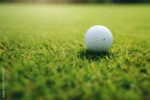 Golf ball on green grass with bokeh light background, Close up golf ball on green grass field, AI Generated