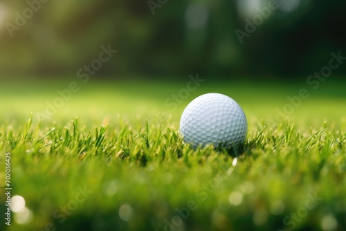Golf ball on green grass in golf course with copy space, Close up golf ball on green grass field, AI Generated