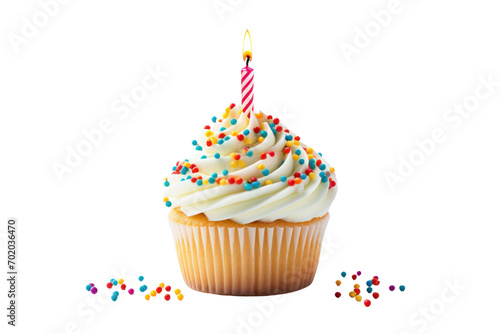 Colorful birthday cupcakes with candles and toppings isolated on transparent background. PNG file.