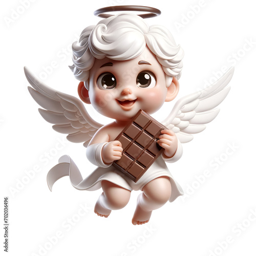 3D cherub or Cupid with long hair, wearing a pastel pink angelic outfit, floating in the air with big eyes and a smile, holding chocolate, white background
