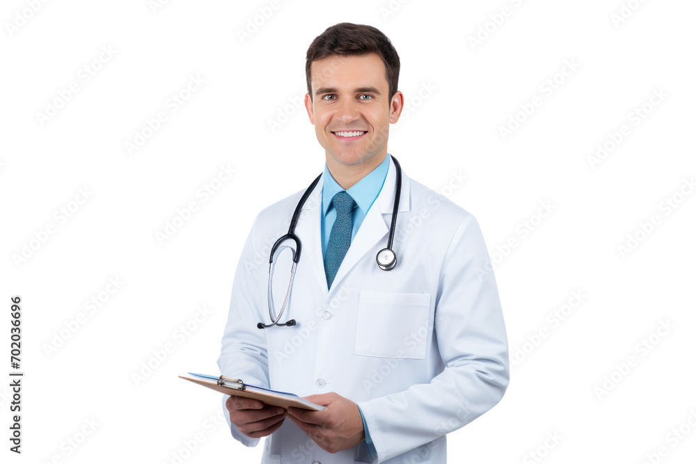 Smiling handsome doctor standing with notebook in medical practice Smiling handsome doctor standing with notebook in medical practice
